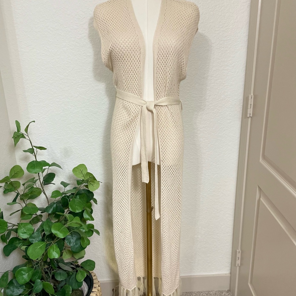 Cozy Co. by Cozy Cashmere Open Knit Fringe Hem Longline Vest – Size M